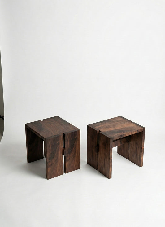 Handmade Bloc Table by Redline Design, two modular walnut stools that combine into one side table or stack into bookshelf storage