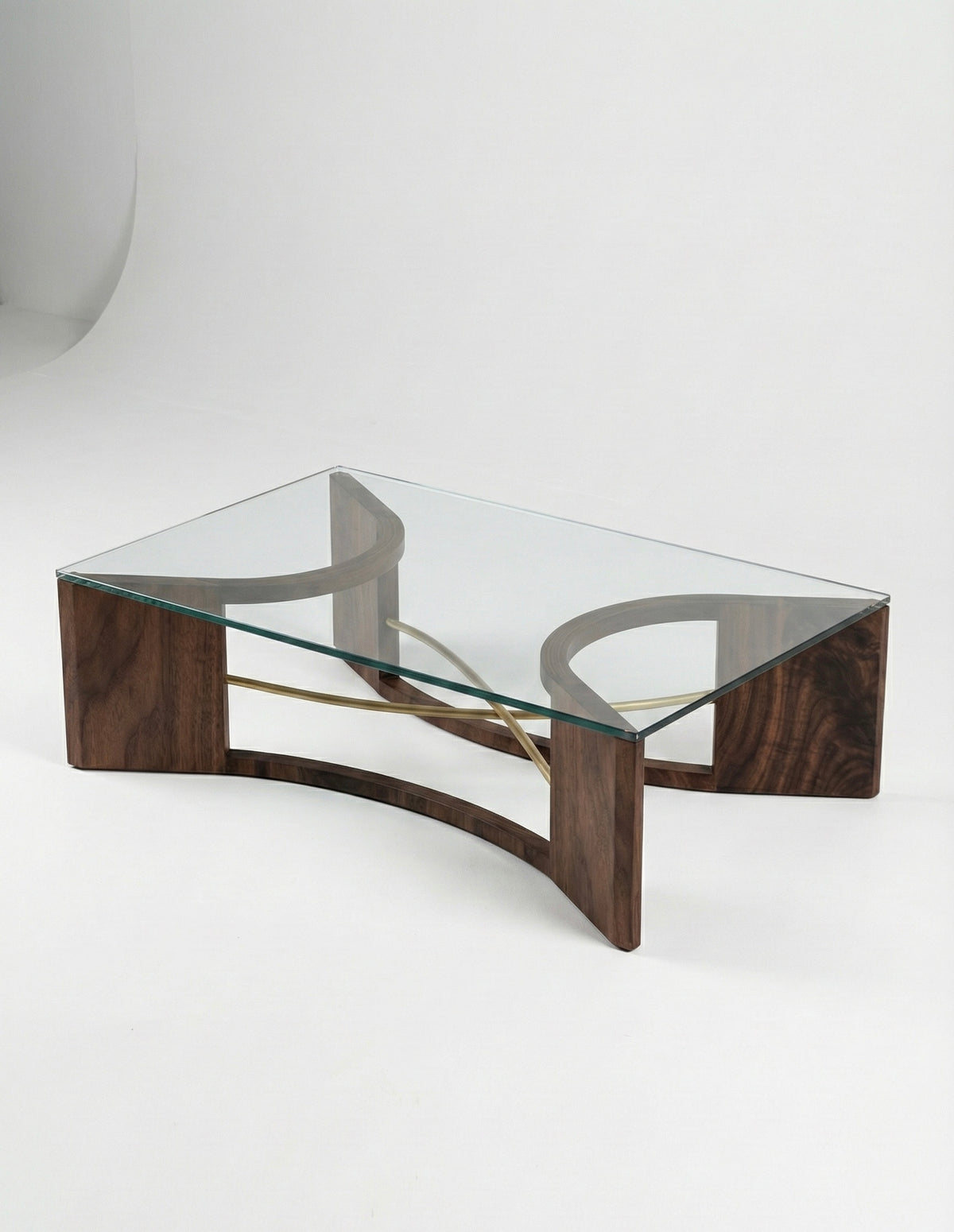Handmade Glass and Brass Coffee Table by Redline Design with sculpted walnut arches, brushed brass rods, and a floating 1/2 inch tempered glass top