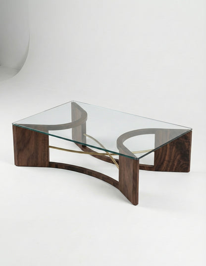 Handmade Glass and Brass Coffee Table by Redline Design with sculpted walnut arches, brushed brass rods, and a floating 1/2 inch tempered glass top