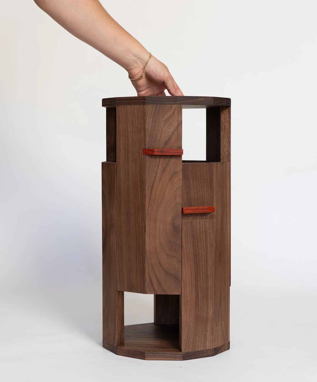 Handmade Split Column Side Table & Stool by Redline Design in walnut, shown as a single column with its signature red line